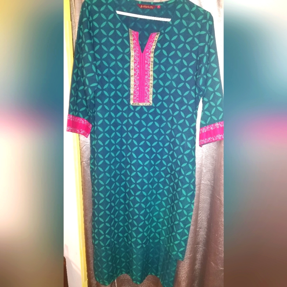 Casual Blue and Pink 3/4 Sleeve Crew Neck Dress